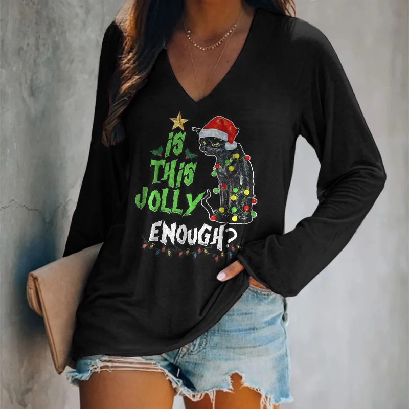 Christmas Cat Print V-Neck Long Sleeve T-Shirt