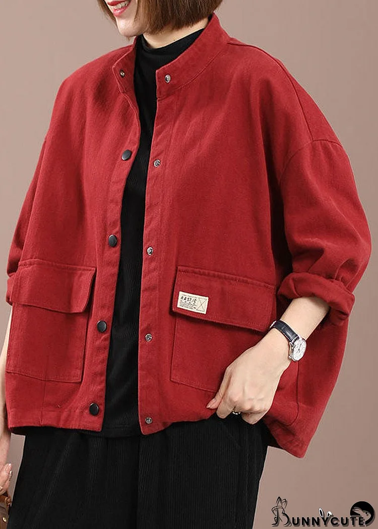 Women Red Pockets Patchwork Denim Jackets Spring