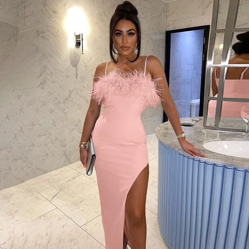 Feather Sleeveless Slips Backless  Bodycon Midi Prom Dress Skinny 2023 Fall Women Elegant Outfit Birthday Party
