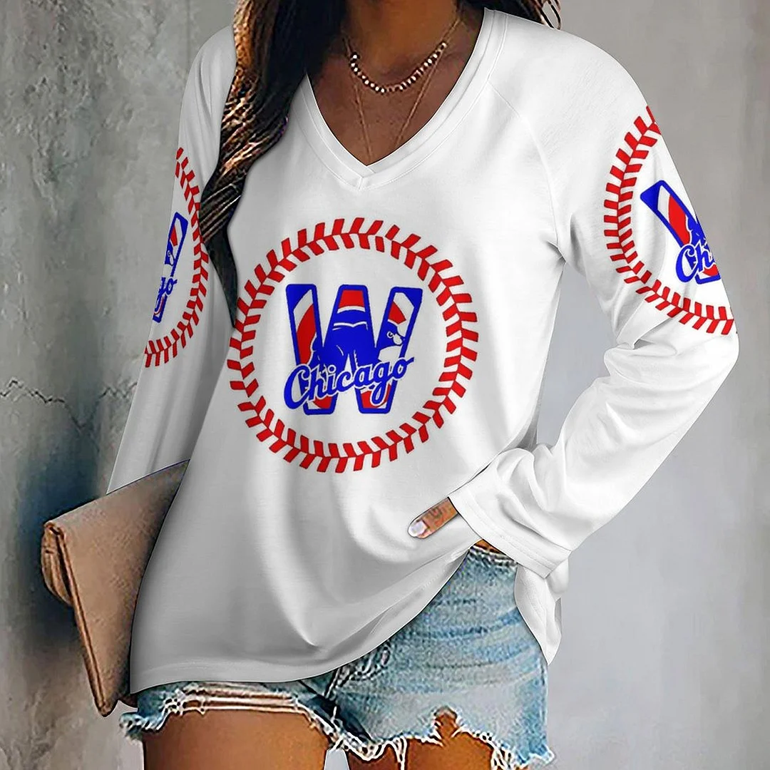V-neck Long Sleeve Casual T-shirt for  Women and Men Printed with Pattern,Blue,Red