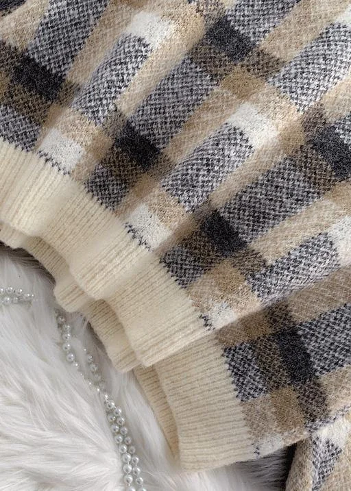 Women beige crane tops warm plus size plaid knit sweat tops