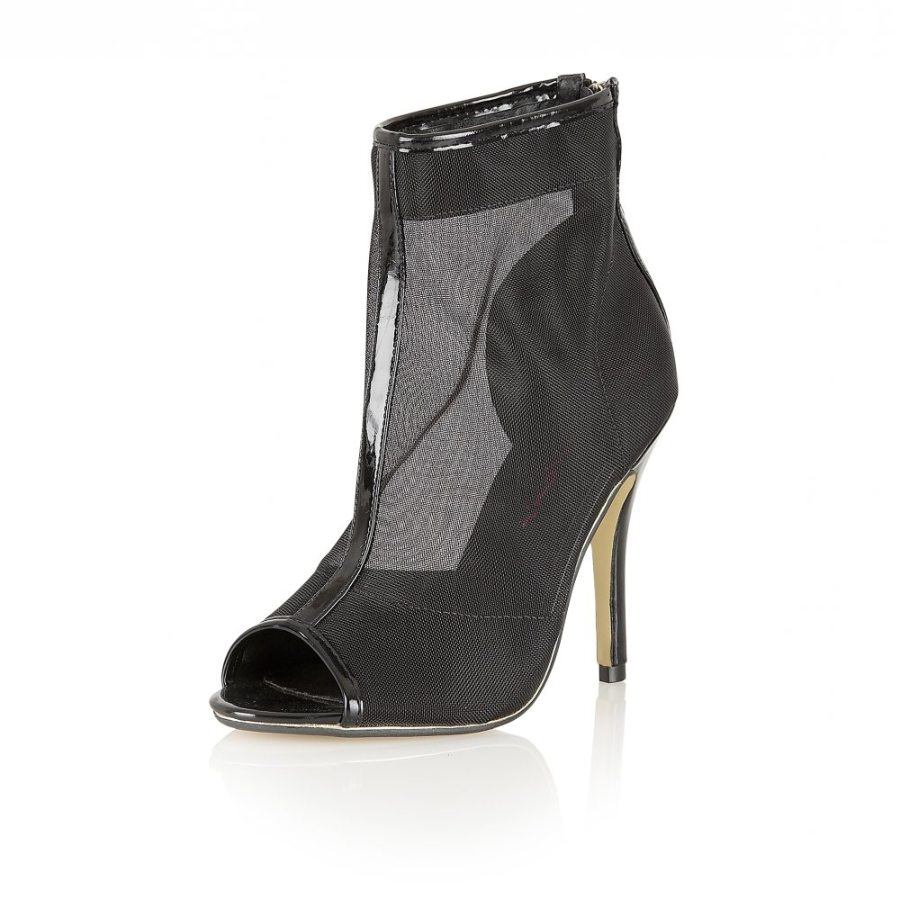 GOOSHOE Black Knit Boots Peep Toe Stilettos Coarse Cloth Ankle Boots