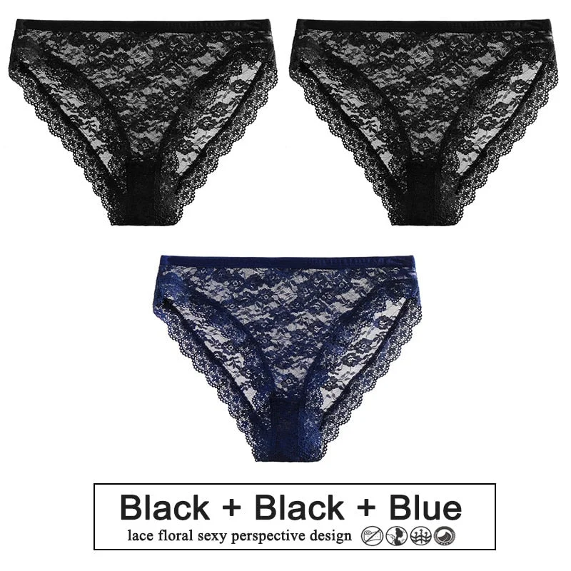 3PCS/Set Perspective Panties Sexy Women Underwear Floral Lace Panties Female Lingerie Briefs for Woman Intimate Pantys Plus Size