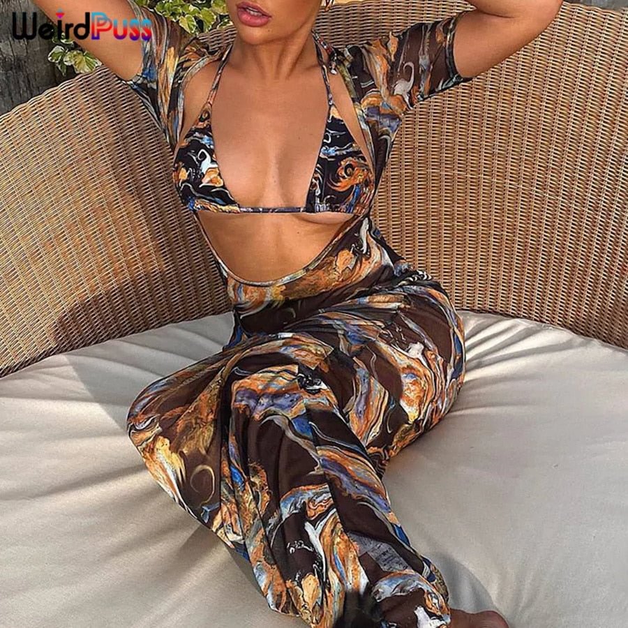 Weird Puss Two Piece Set Women Aesthetic Print Sexy Fashion Halter Bikini Top+Long Skirt Matching Set Party Vacation Clubwear