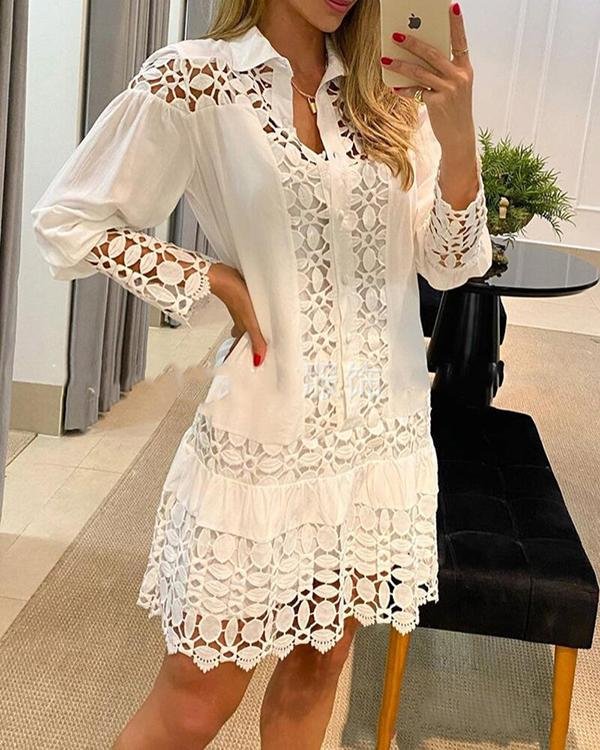 Solid Lace Long Sleeves Shift Knee Length Casual Dresses - Chicaggo