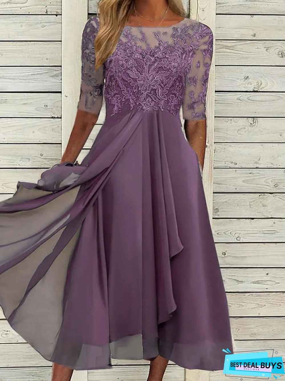 Plain Elegant Autumn Swing Crew Neck Holiday Midi Dress for Women