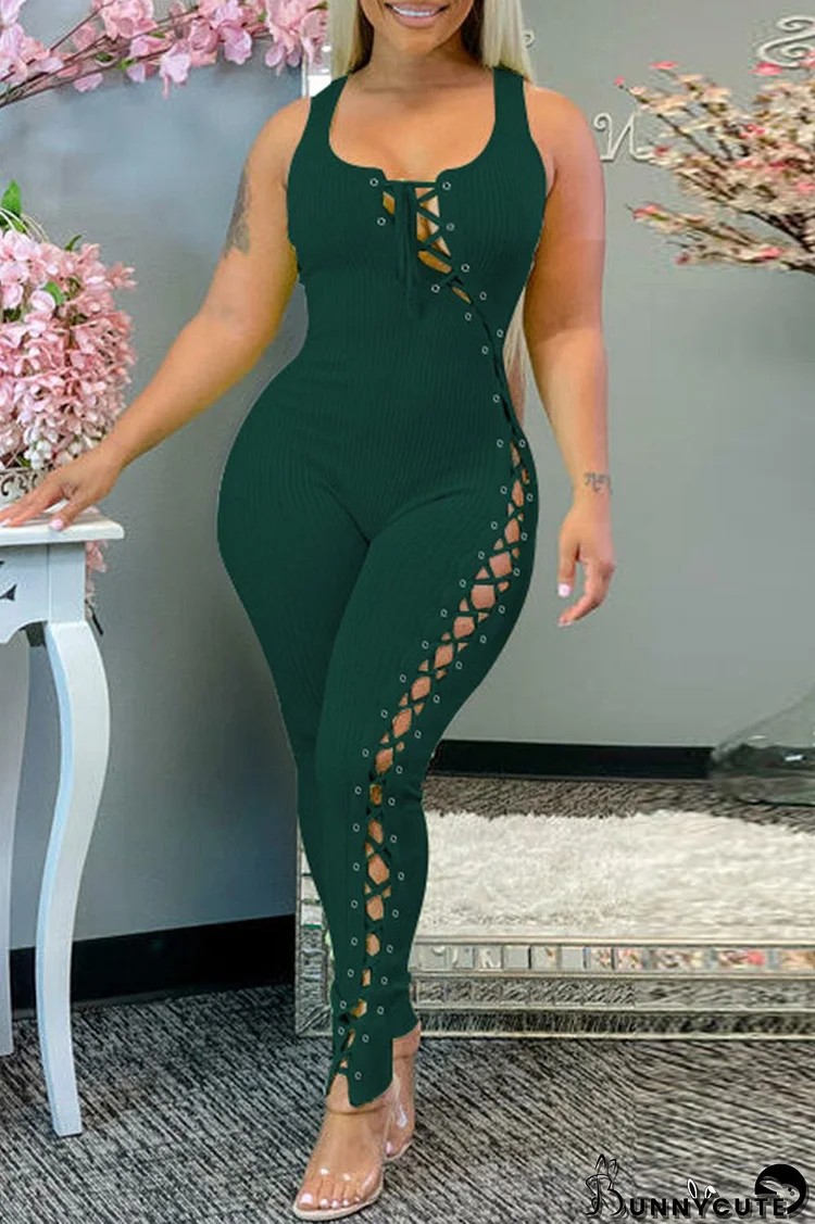 Ink Green Sexy Casual Solid Bandage Hollowed Out U Neck Skinny Jumpsuits