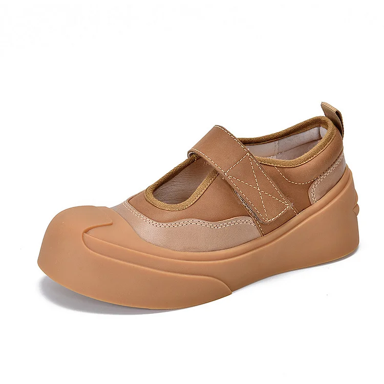 Literary Leather Round Toe Velcro Thick Bottom Shoes