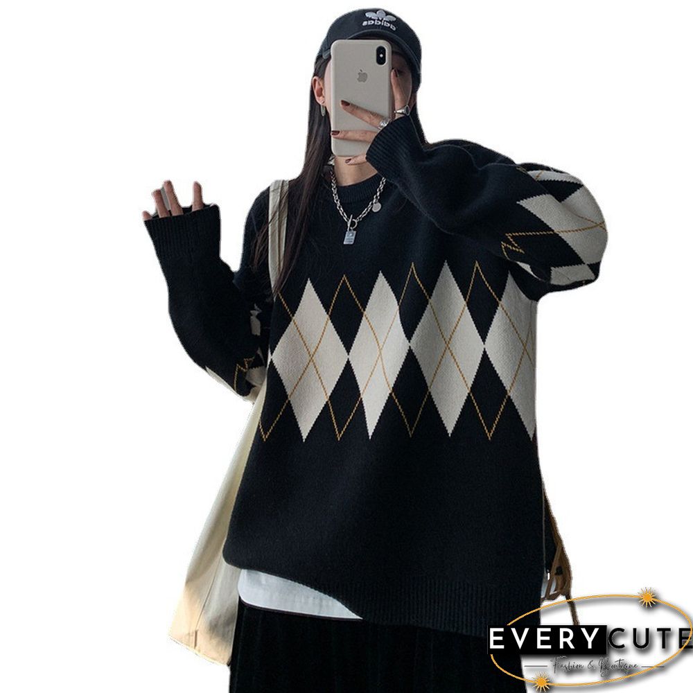 Women Argyle Knitted Sweater Autumn Winter O Neck Oversized Pullovers Korean Preppy Style Loose Jumper Female Sweaters