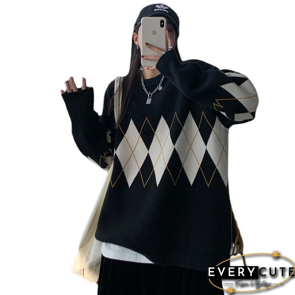 Women Argyle Knitted Sweater Autumn Winter O Neck Oversized Pullovers Korean Preppy Style Loose Jumper Female Sweaters