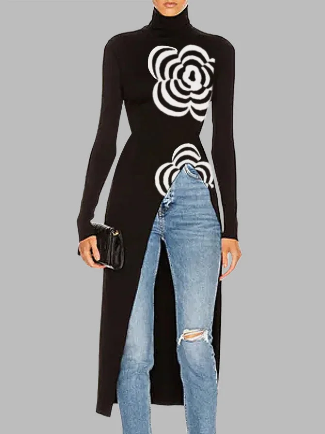 Long Sleeves Skinny Flower Print Split-front High Neck T-Shirts Tops