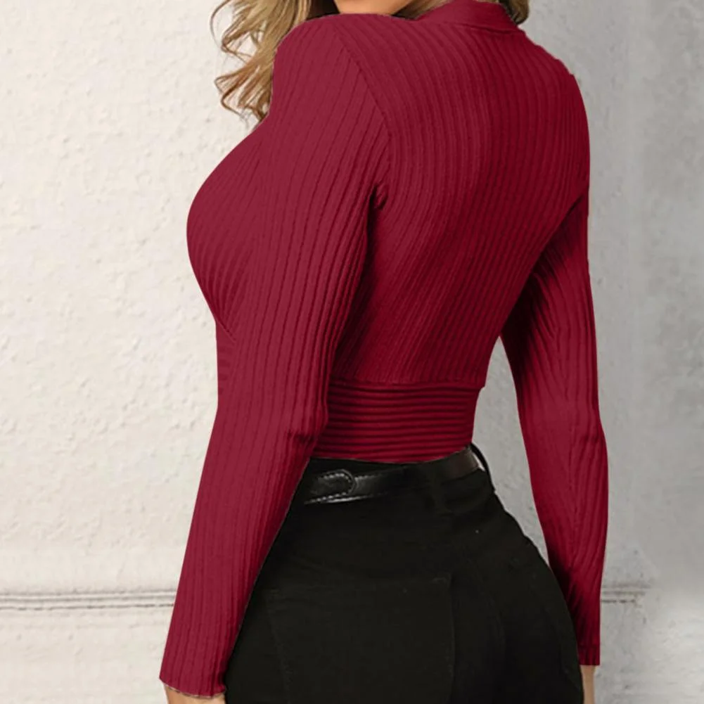 Women Knitting T-shirt Fashion Cross Design Tight Solid Color T Shirt Sexy Low-cut V Neck Backing Knitwear T-shirts Top Tee 2021