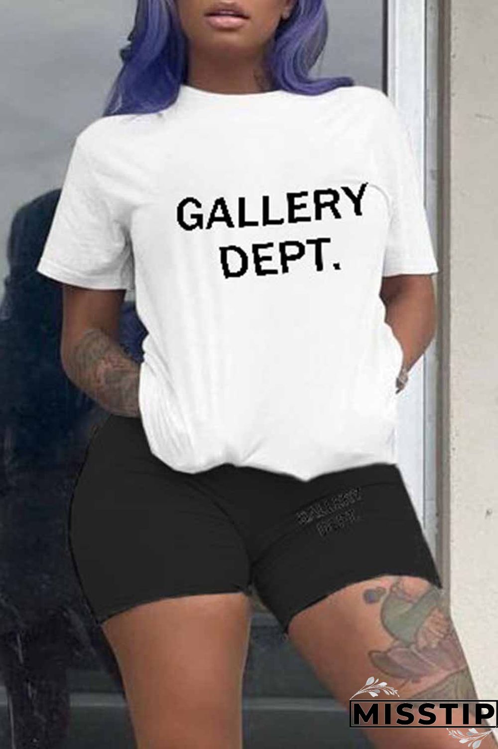 Blue Casual Print Letter O Neck Short Sleeve Two Pieces