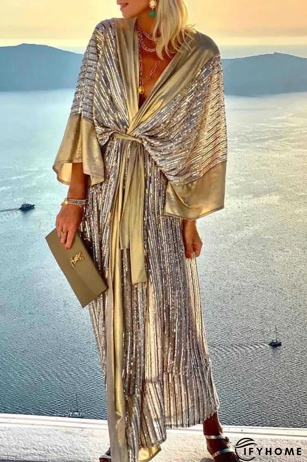 Casual Patchwork Sequins V Neck Waist Skirt Dresses(3 Colors) | IFYHOME