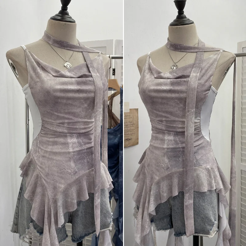 Uveng Vietnamese Niche Hot Girls Unristered Ribbon Vest Repair Hanging Neck Short Sling 8017