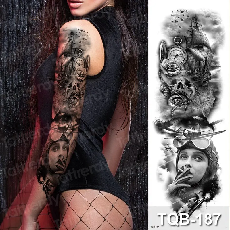 temporary tatoo men large waterproof temporary arm sleeve tattoo black robot mechanical tattoos tribal lion head king fox design