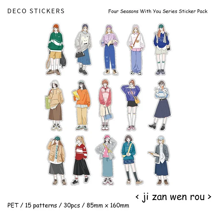 JOURNALSAY 30 Sheets Four Seasons with You Series Kawaii Character Waterproof PET Sticker