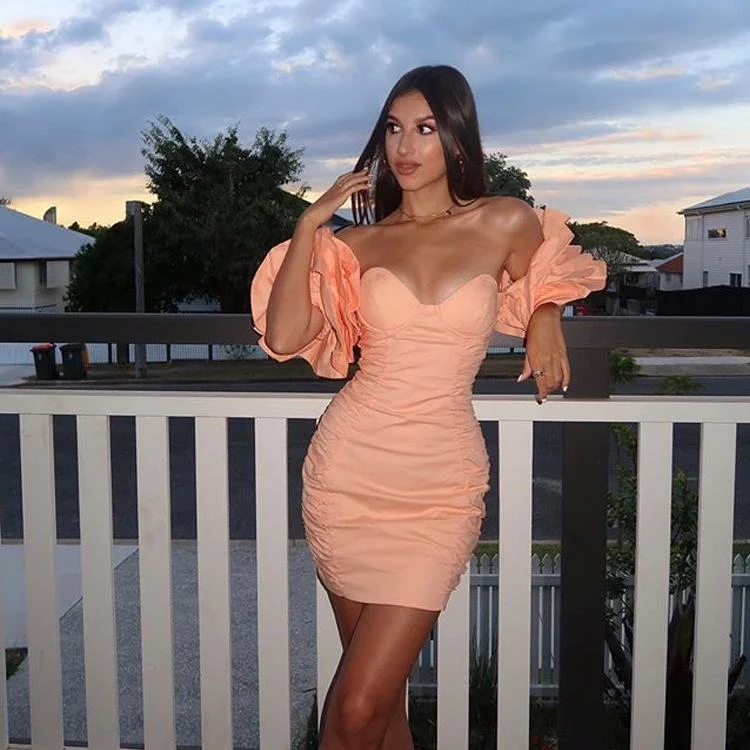 Pleated sexy lotus leaf sleeve tube top evening dress-zachics