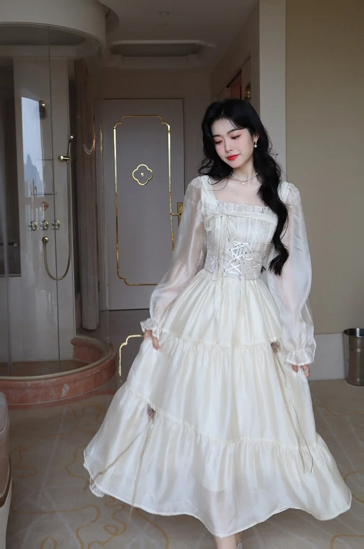 Square Neck Lace Cap Sleeves Ruffles Long Dress Terracotta