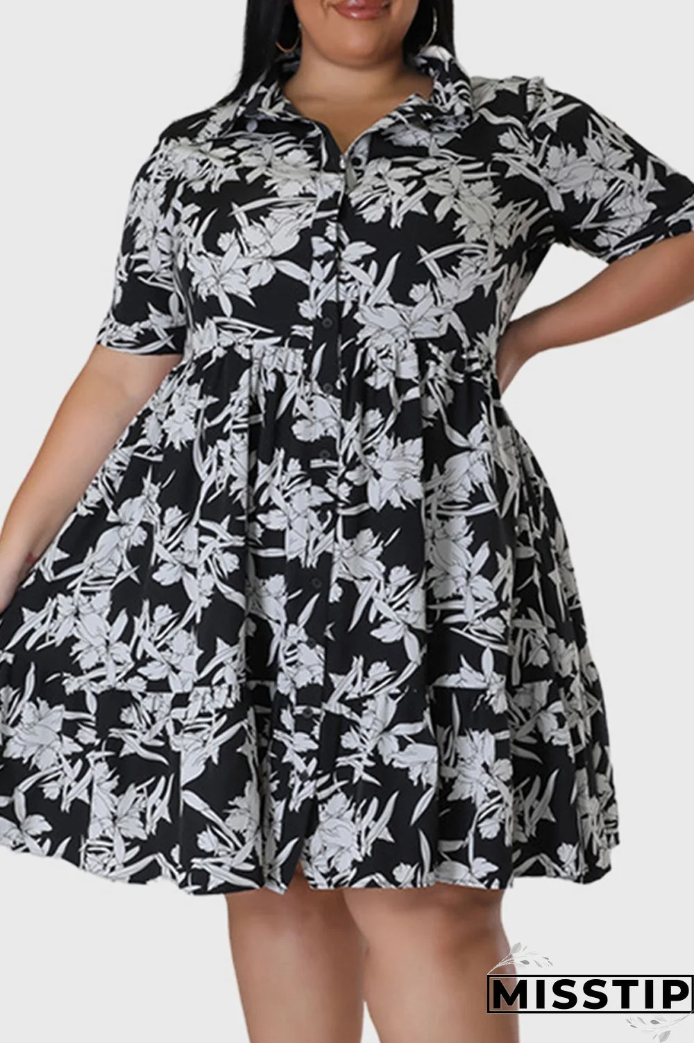 Black Casual Print Patchwork Turndown Collar Shirt Dress Plus Size Dresses