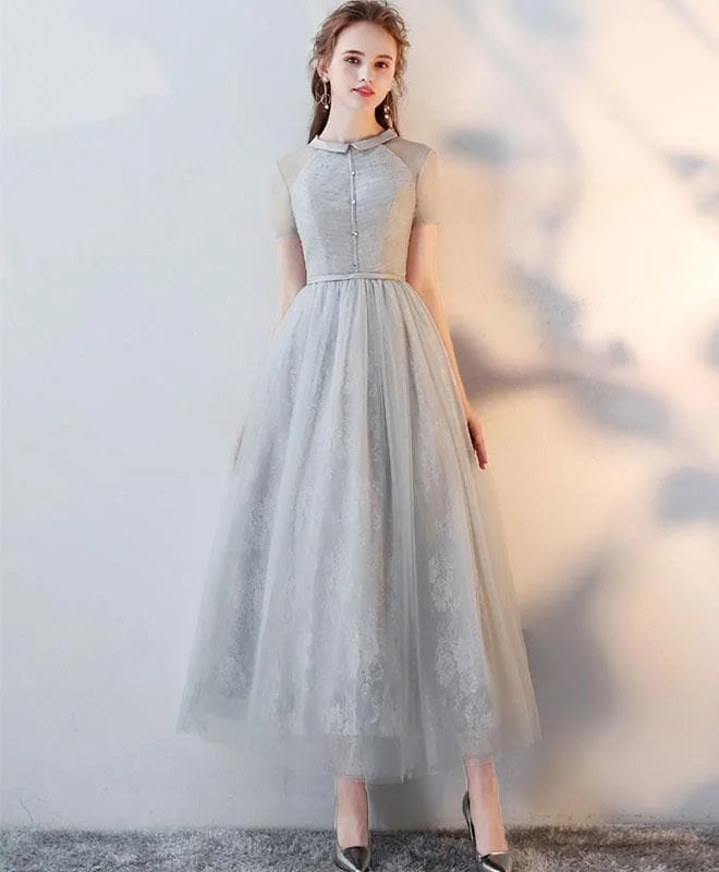 Gray High Neck Tulle Lace Prom Dress Tulle Lace Evening Dress SP17606