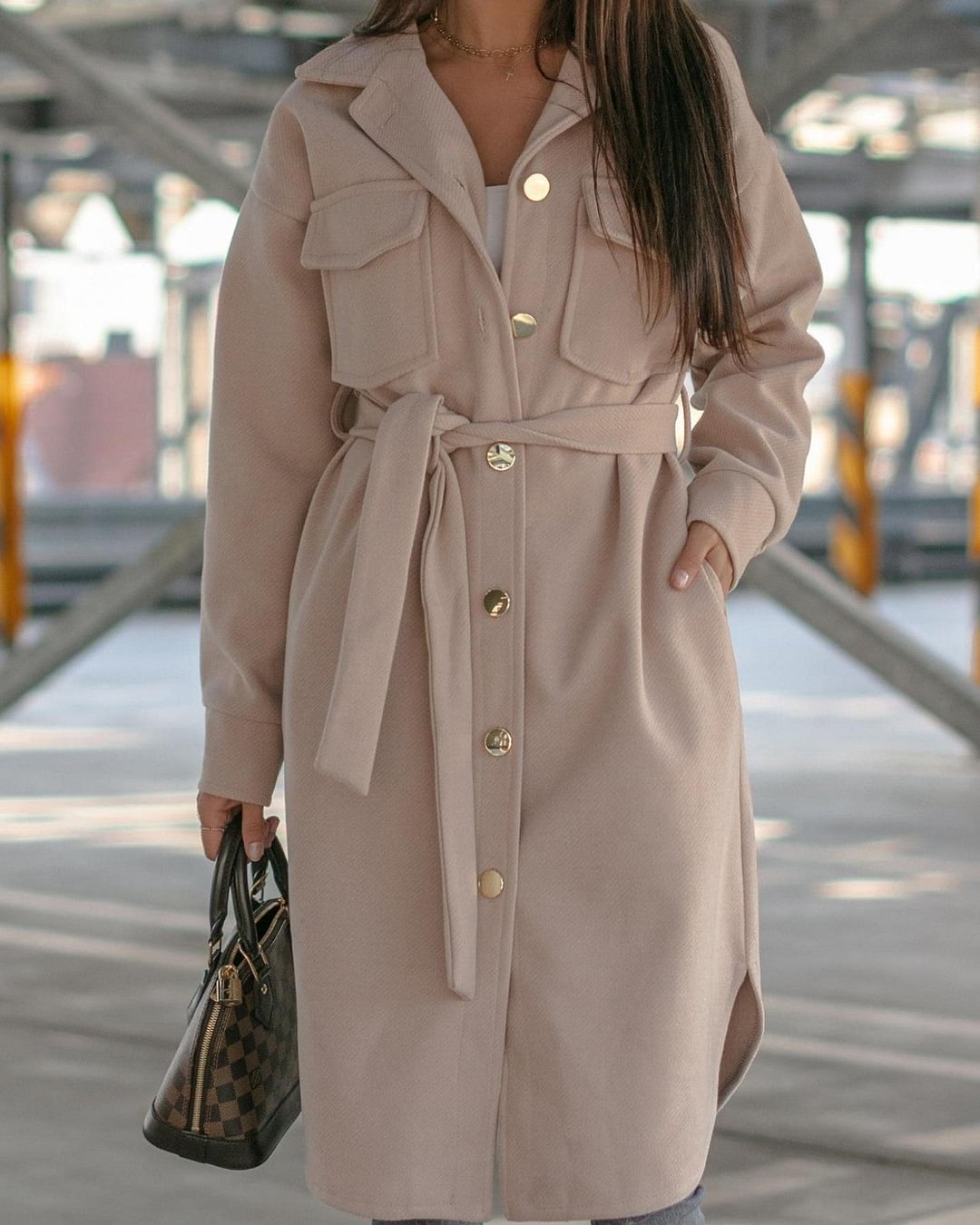 Solid Color Belt Pockets Buttons Shirt Collar Coats
