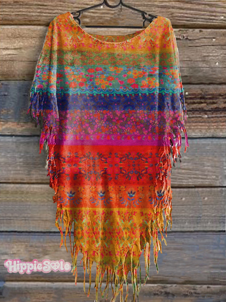 Women’s Vintage Colorful Flowers Print Punk Hippie Batwing Tussle Fringes Poncho Dress Multicolor