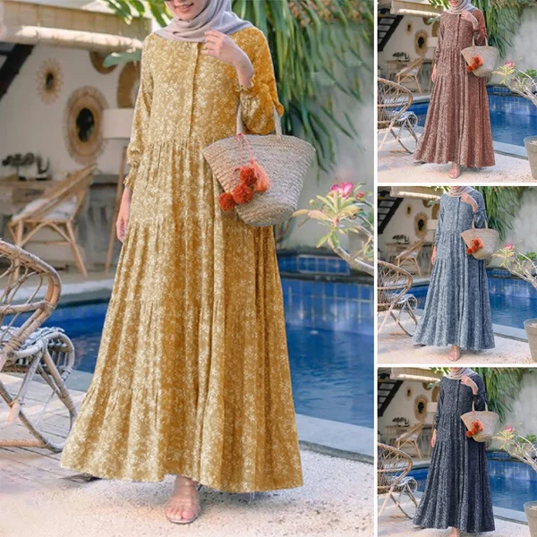 ZANZEA Women Muslim Elegant Baggy Kaftan Flota Robe Printed Abaya Holiday Dubai Islam Long Maxi Shirt Dress