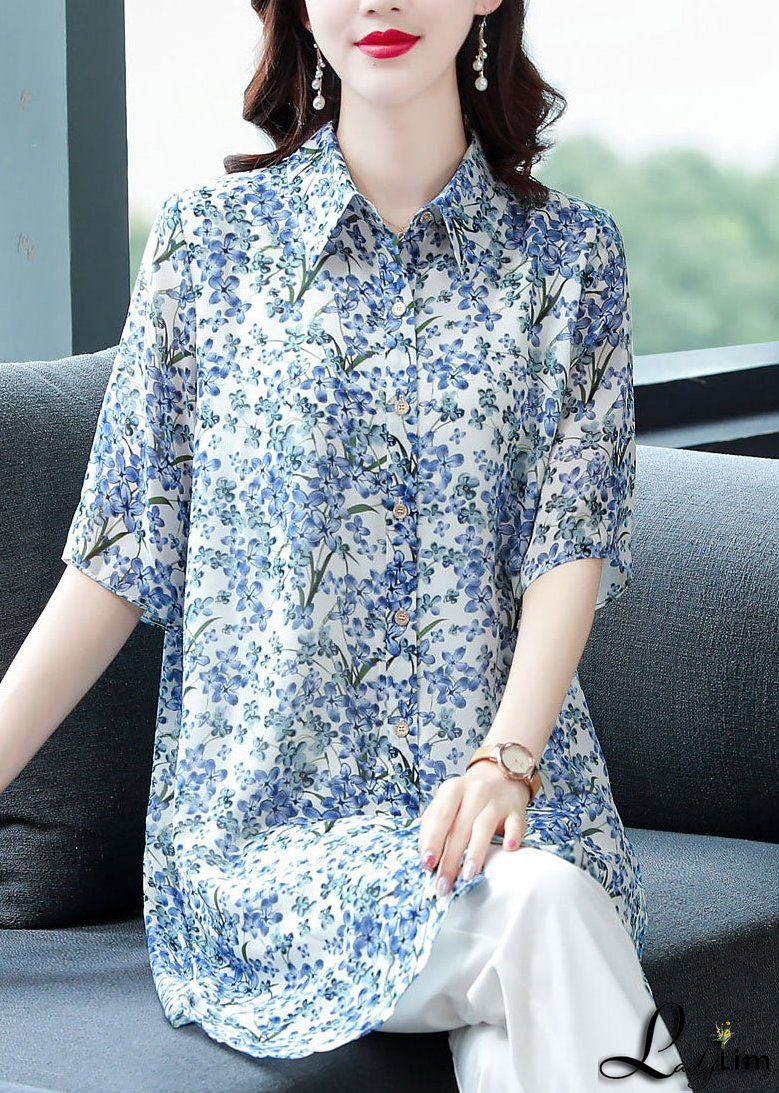 Blue Peter Pan Collar Print Chiffon Long Blouse Top Half Sleeve