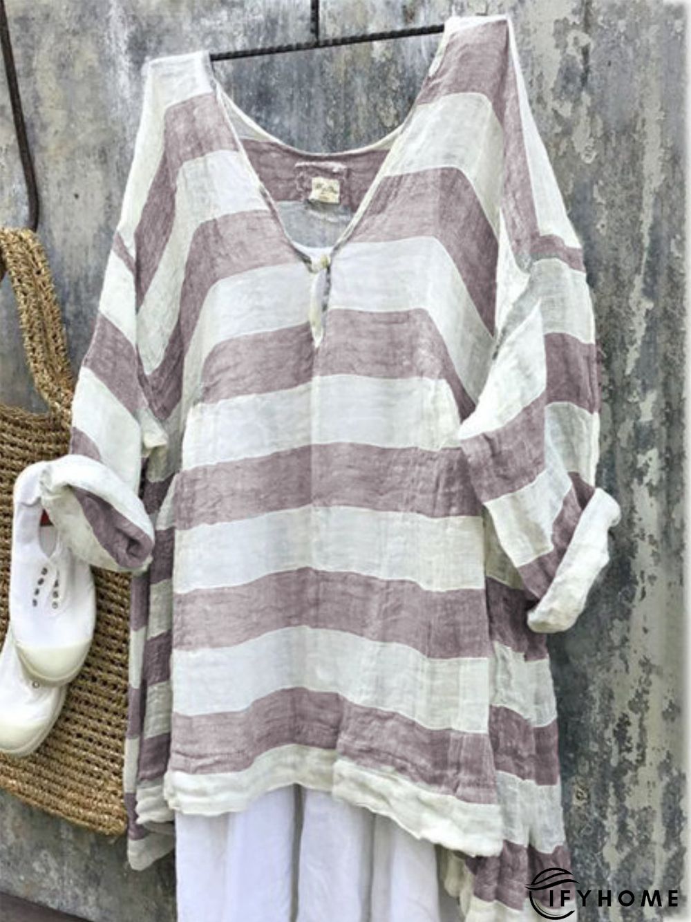 Casual 3/4 Sleeve V Neck Striped Bat Sleeve Top | IFYHOME