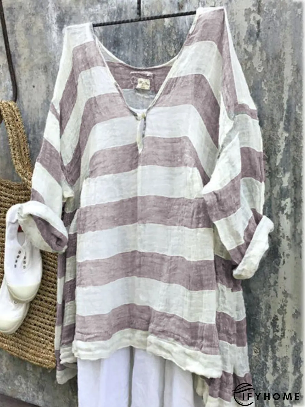 Casual 3/4 Sleeve V Neck Striped Bat Sleeve Top | IFYHOME