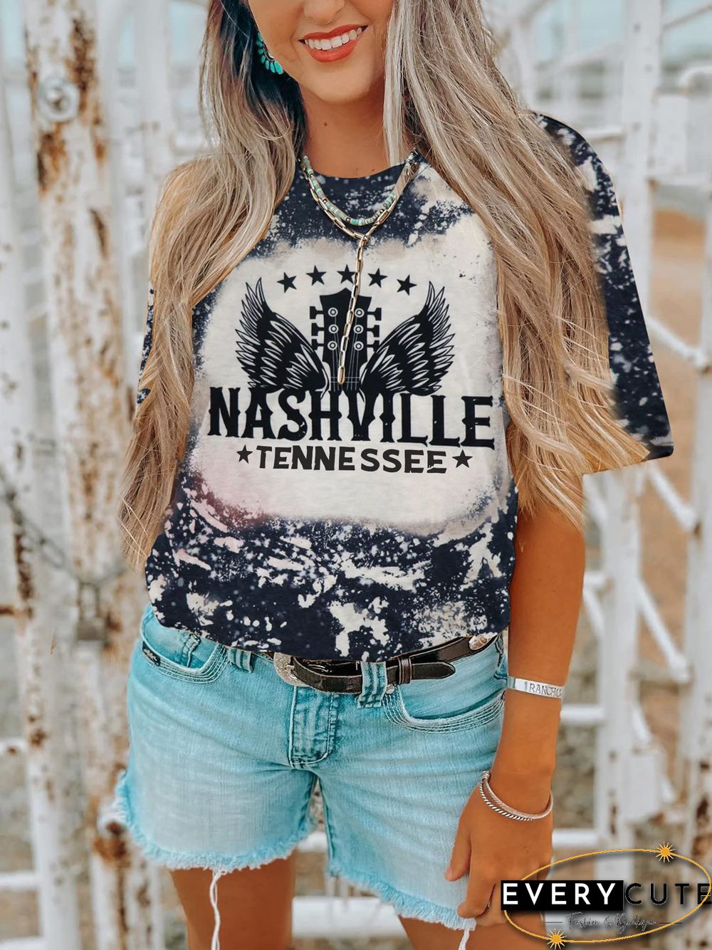 Multicolor Bleached Round Neck Short Sleeve T-shirt