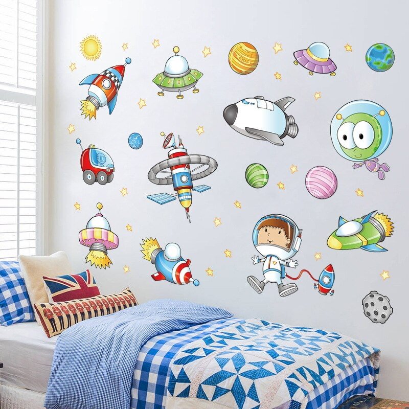 Space Astronaut Cartoon wall sticker children room Outer Space Planet Galaxy Rocket ship decorative wallstickers diy wallpapers