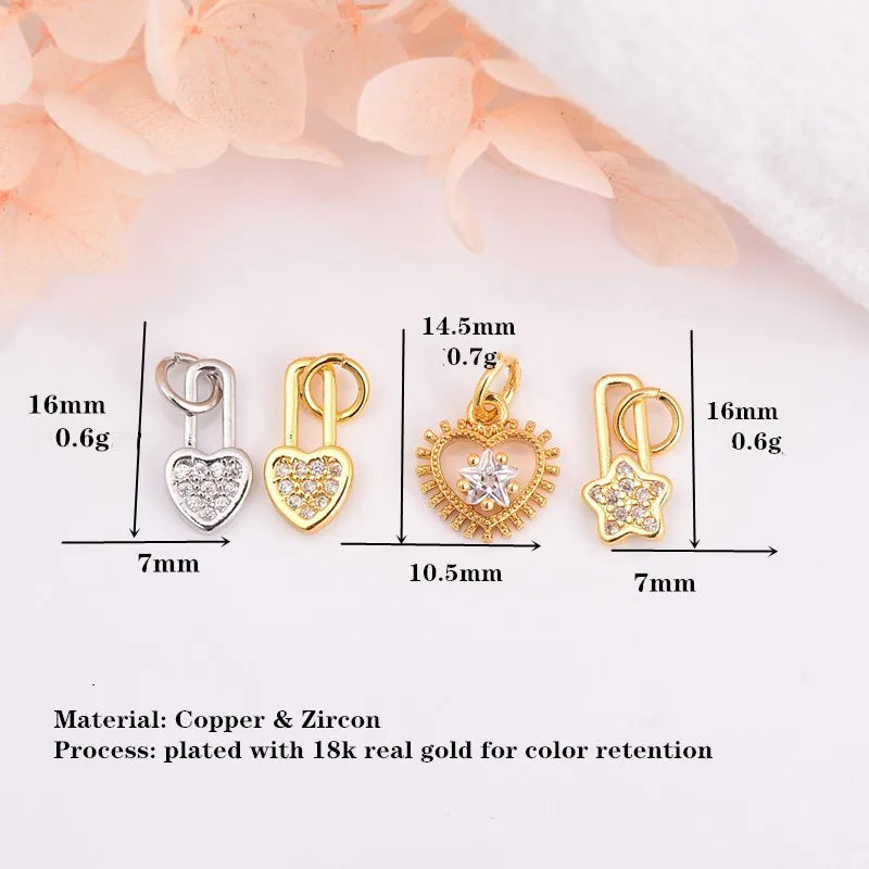 5 PCS/Package Hole 1~1.9mm Copper Zircon 18K Gold Plated Star Heart Shape Jewelry Accessories Pendant