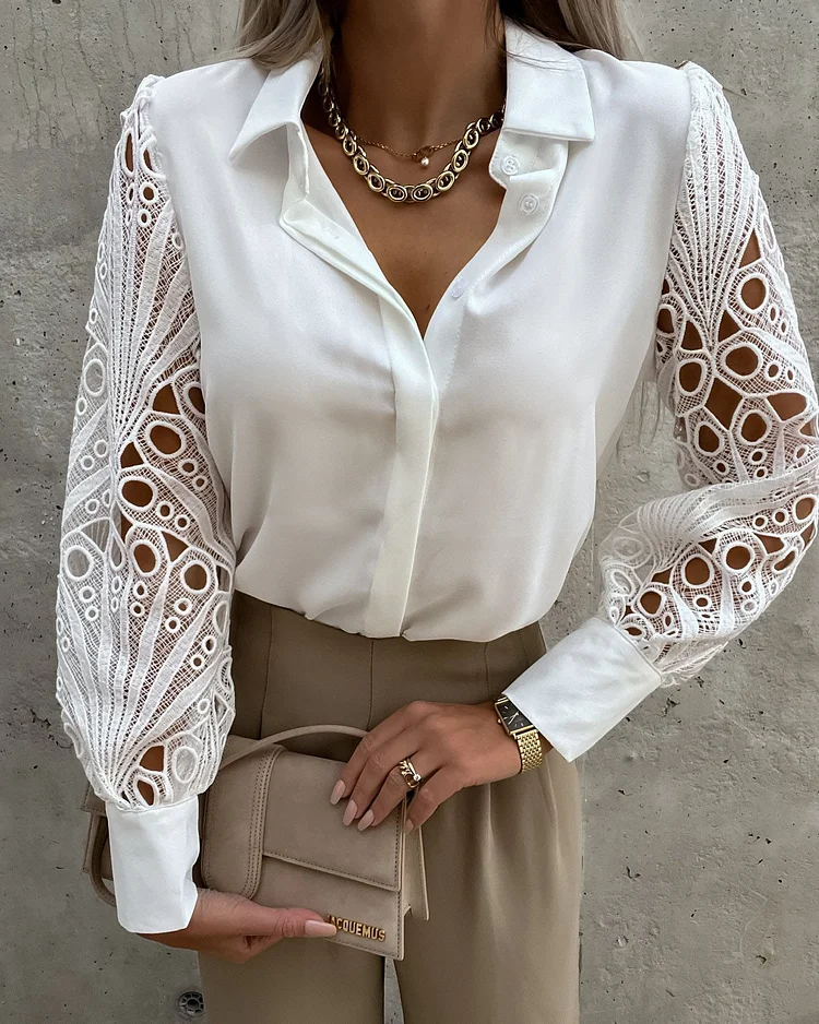 Solid Color Lace Panel Shirt Shirt