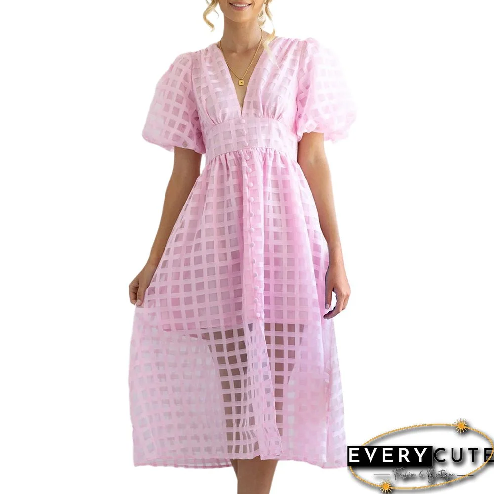 Pink V Neck Puff Sleeve Casual Party Dress