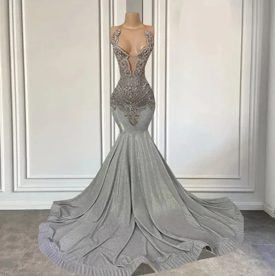 Lisliy Silver Beaded Long Mermaid Prom Dress with Sexy Sheer Mesh