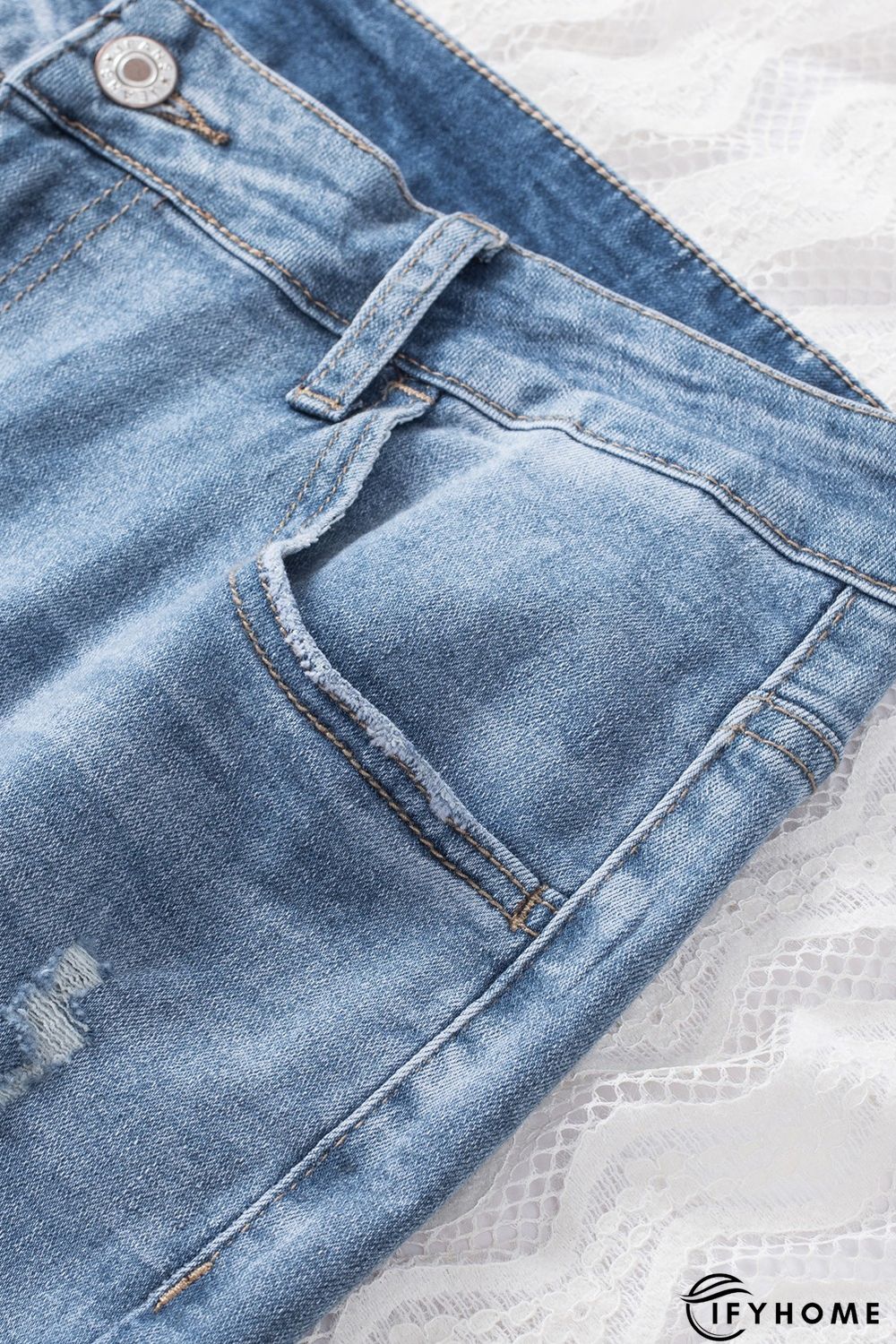 Sky Blue Distressed Holes Frayed Hem Plus Size Jeans | IFYHOME