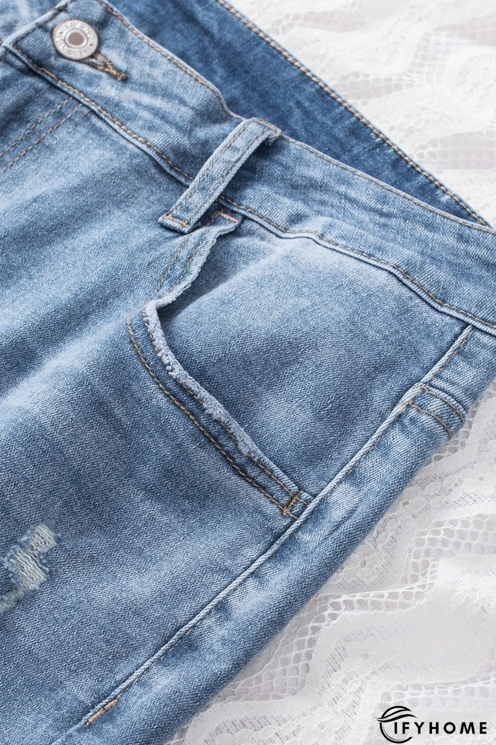 Sky Blue Distressed Holes Frayed Hem Plus Size Jeans | IFYHOME