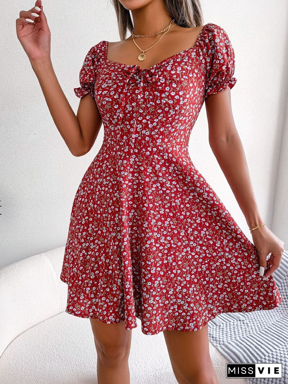 Elegant Floral Print Dresses For Women Summer Dress New Casual V-Neck Short Puff Sleeve High Waist Swing Mini Dress