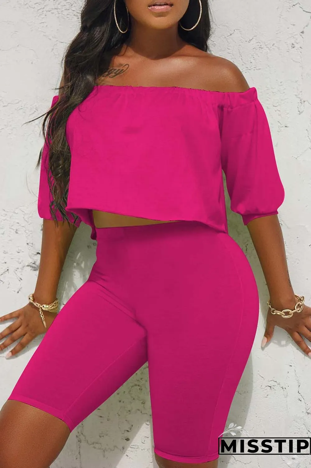 Fluorescent Green Casual Solid Patchwork Off the Shoulder Half Sleeve Two Pieces
