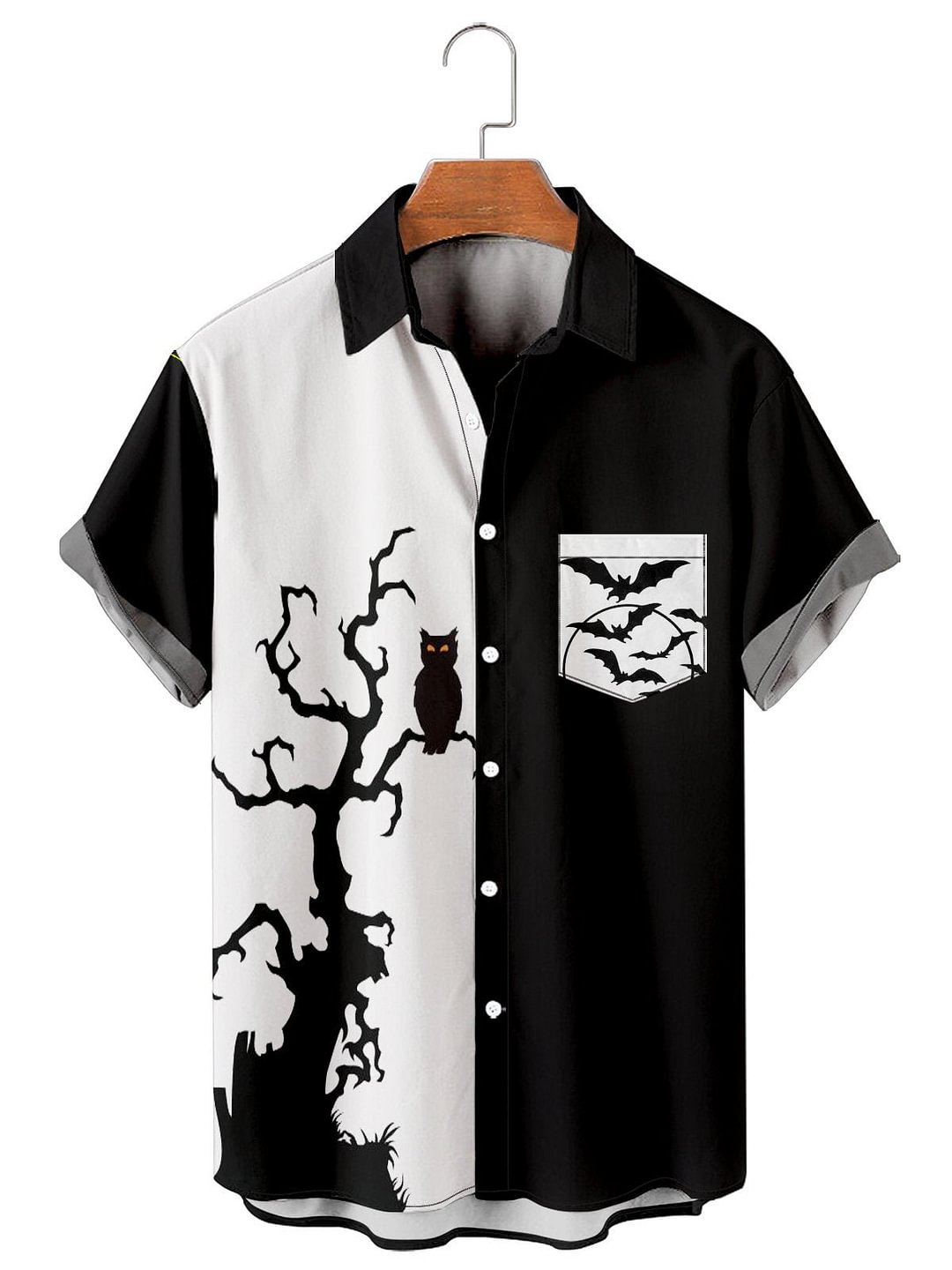 Men's Contrast Owl Bat Design Short Sleeve Shirt