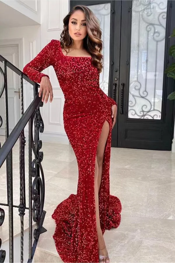 Daisda Long Sleeves Square Sequins Prom Dress Red Mermaid With Split
