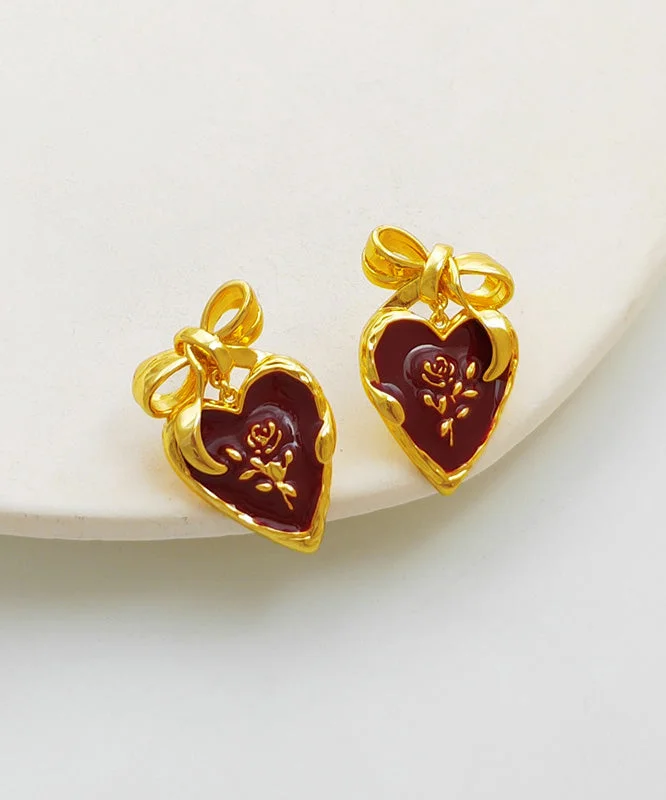 Vintage Mulberry Copper Overgild Oil Drip Heart Stud Earrings