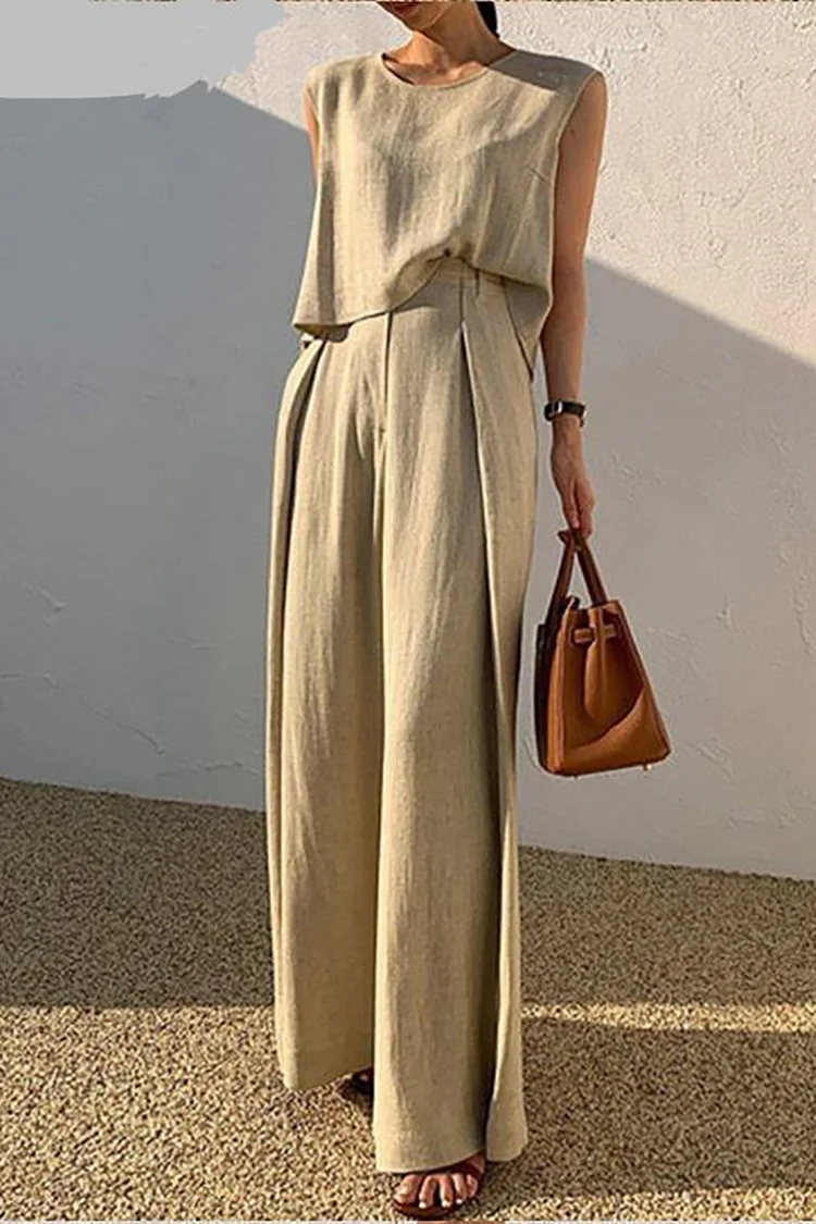 Sleeveless Round Neck Top Wide Leg Pleated Pants Linen Two-Piece Set