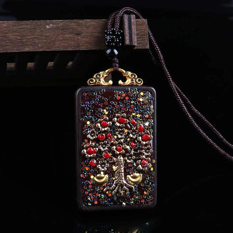 Ebony Wood Elephant Lotus Balance String Necklace Pendant