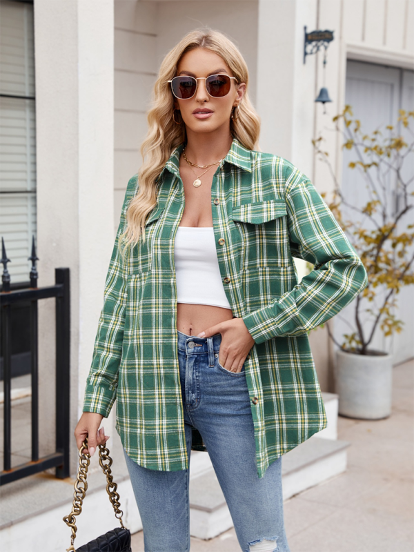 Mature Women New Casual Fashion Loose Plaid Pocket Shirt Top