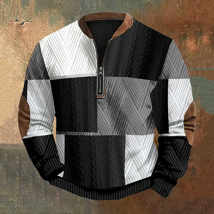 VChics Men's Vintage Western Contrast Knit Print Zip Up Sweatshirt