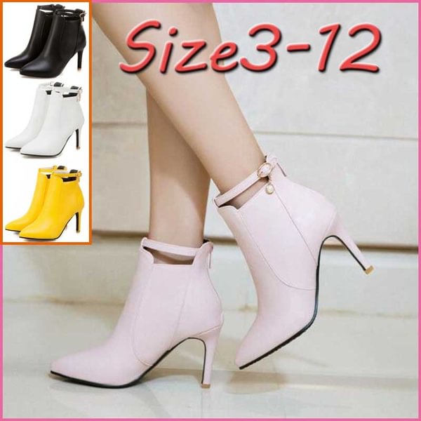 Women Boots Winter Ankle Boots High Heels Zip White Boots Ladies Autumn Shoes Pointed Toe Handmade Shoes Black Yellow - Life is Beautiful for You - SheChoic