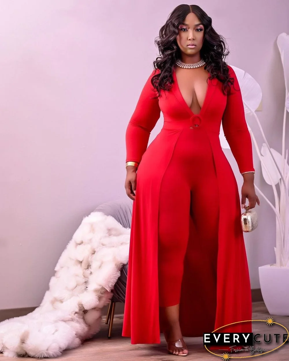 Elegant Irregular Long Sleeve Deep-V One Piece Jumpsuits